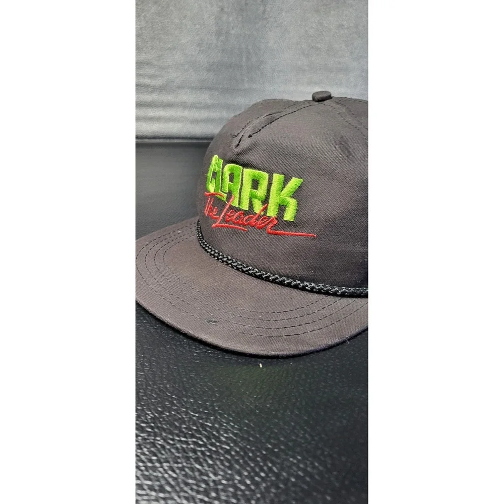 Vintage 80s Clark The Leader Trucker‎ Hat Leather Strap Snapback Black Mesh